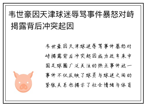 韦世豪因天津球迷辱骂事件暴怒对峙 揭露背后冲突起因
