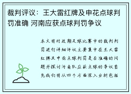 裁判评议:王大雷红牌及申花点球判罚准确 河南应获点球判罚争议