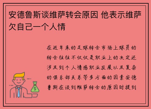 安德鲁斯谈维萨转会原因 他表示维萨欠自己一个人情