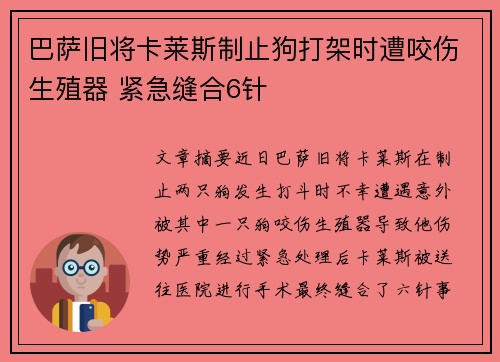 巴萨旧将卡莱斯制止狗打架时遭咬伤生殖器 紧急缝合6针